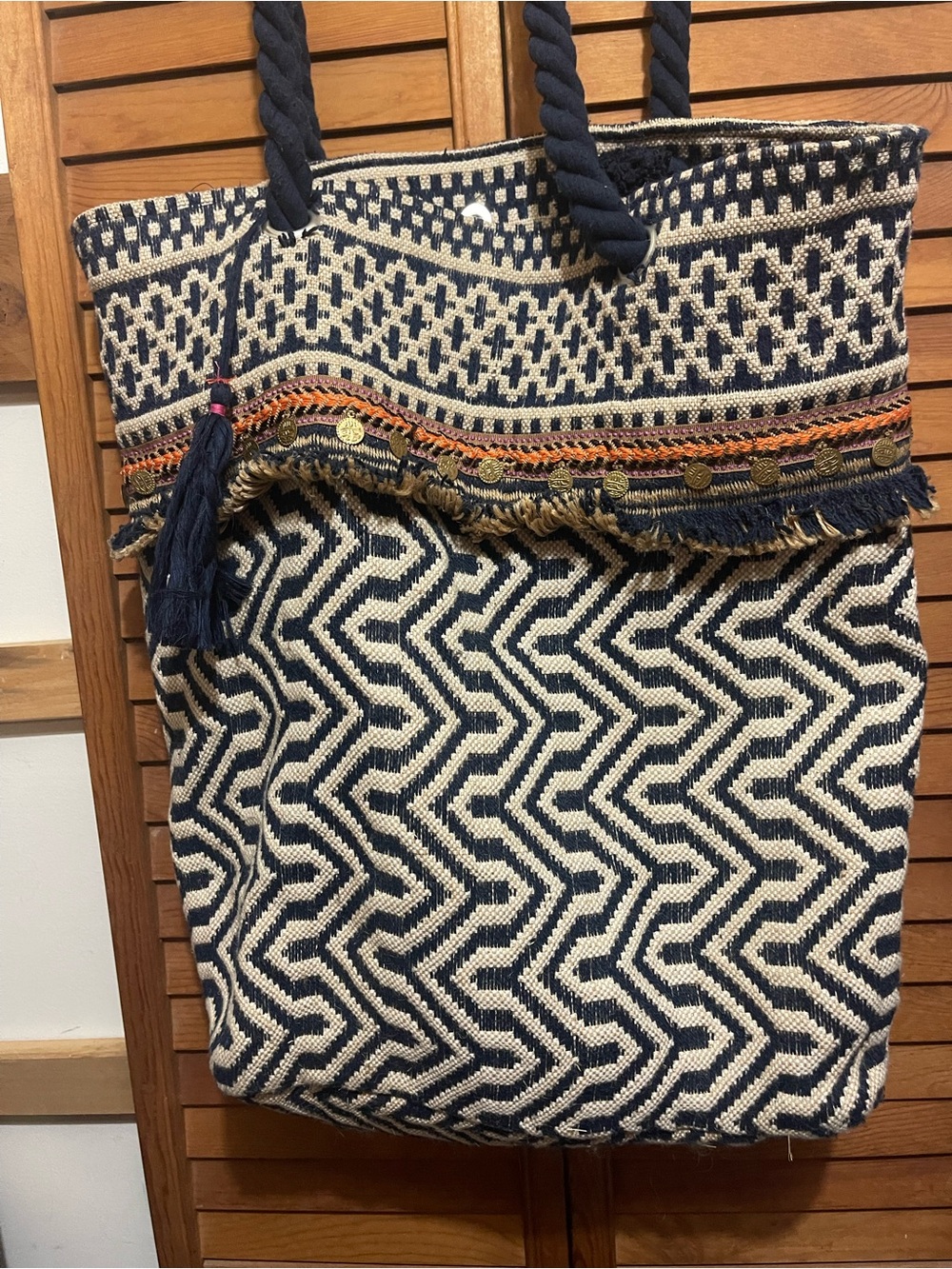 C&C California Navy and Cream Woven Geometric Tote with Tassel Trim